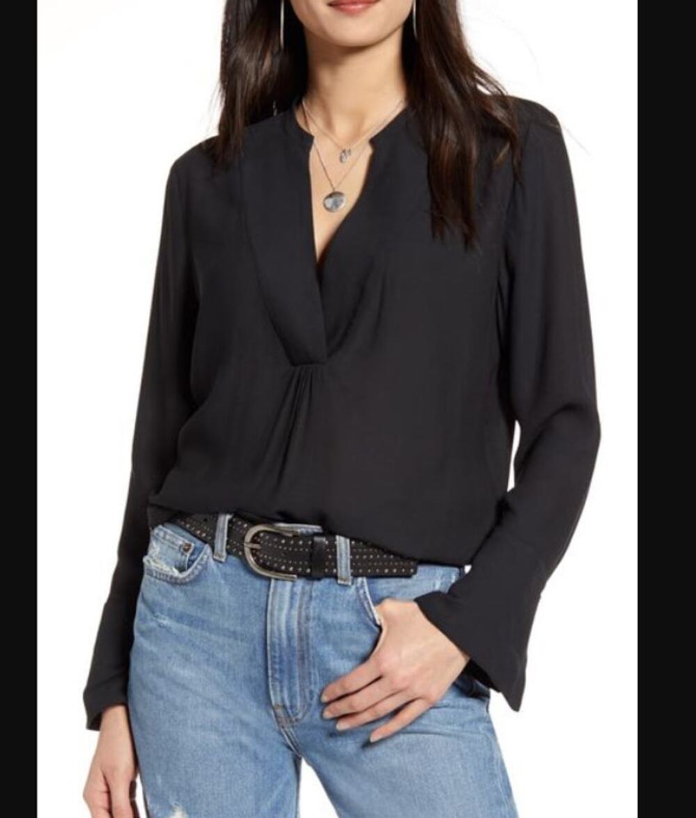 Treasure Bond NEW black sheer blouse size Small Casual long sleeve VNeck Career